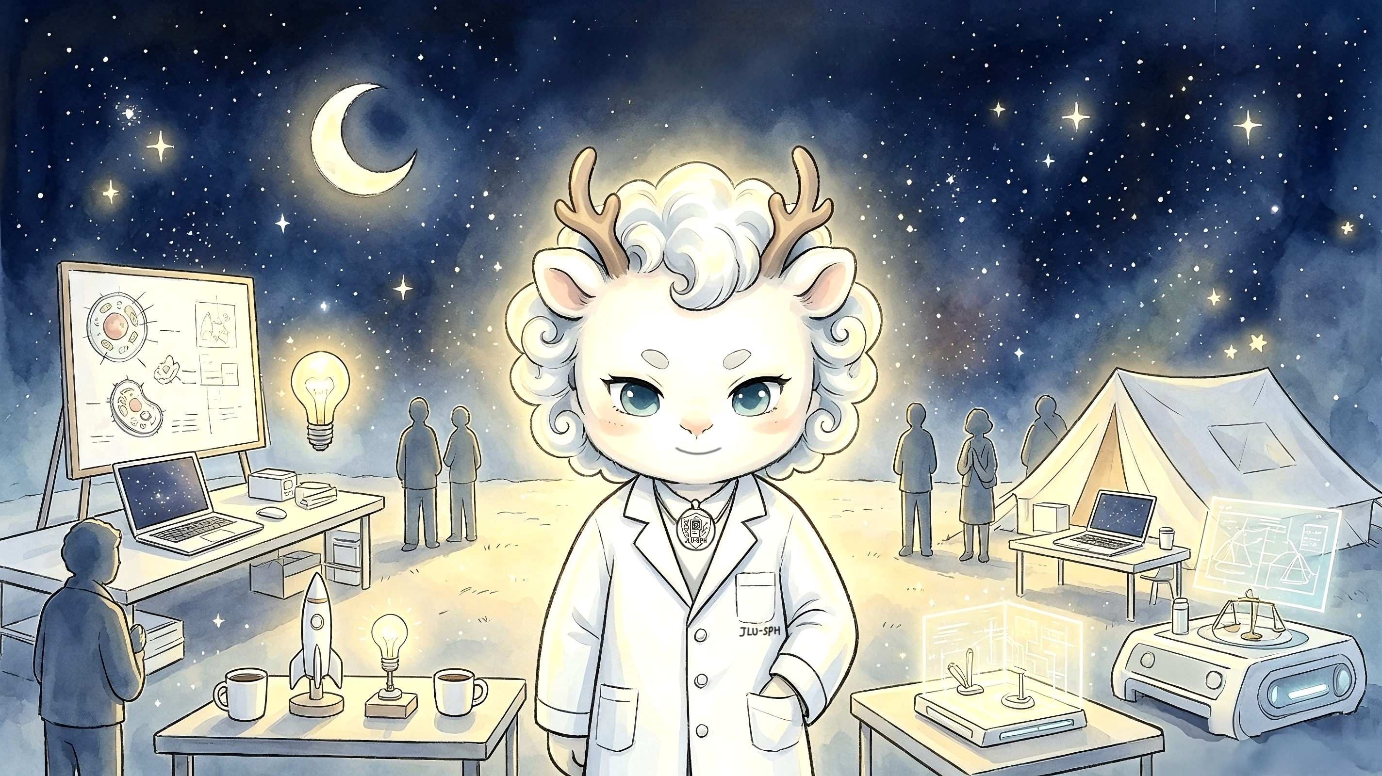 ByeGerm mascot presenting an entrepreneurship laboratory and field-testing platform beneath a starry sky