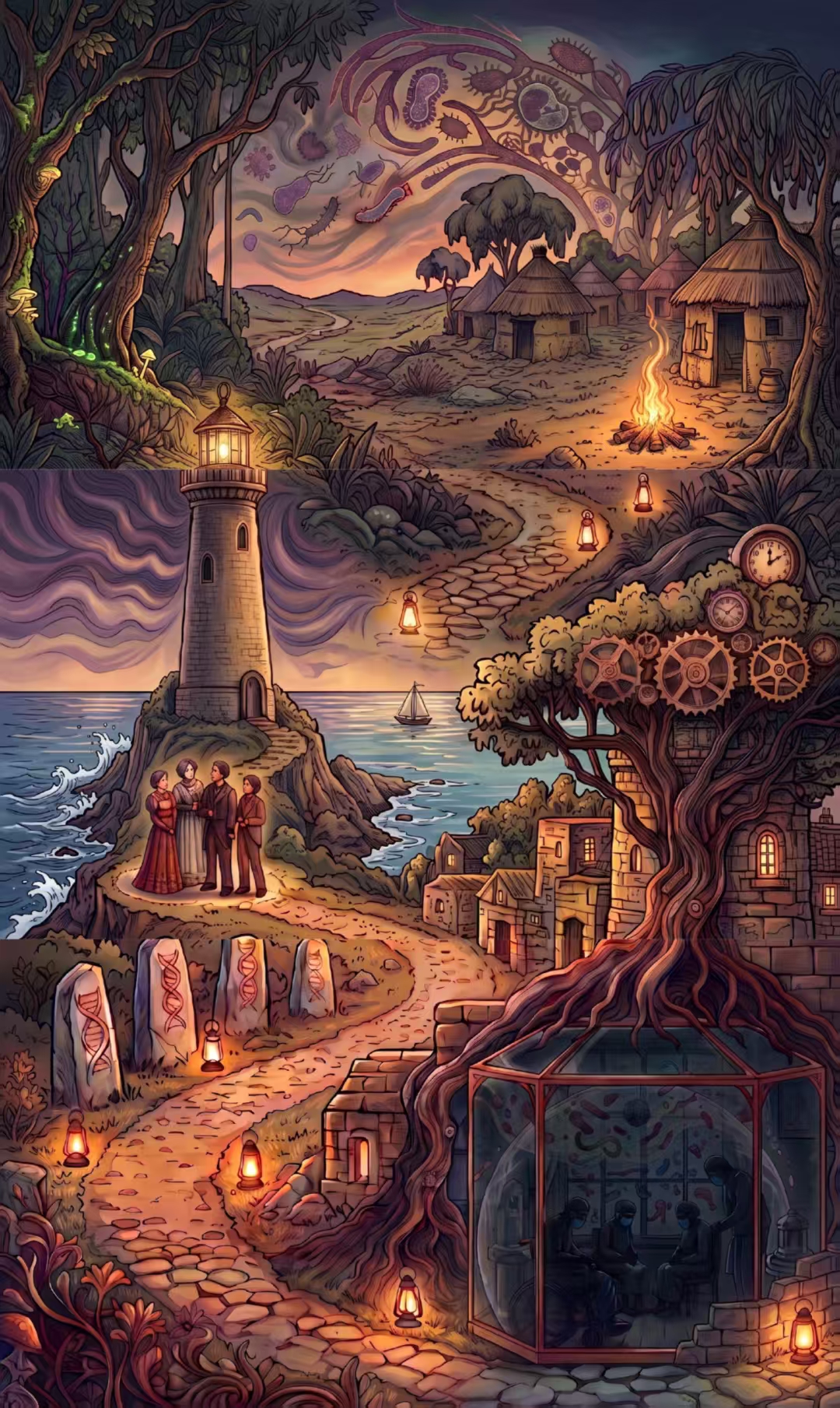 A long illustrated world of forest, village, coast, stone road, tree and research house