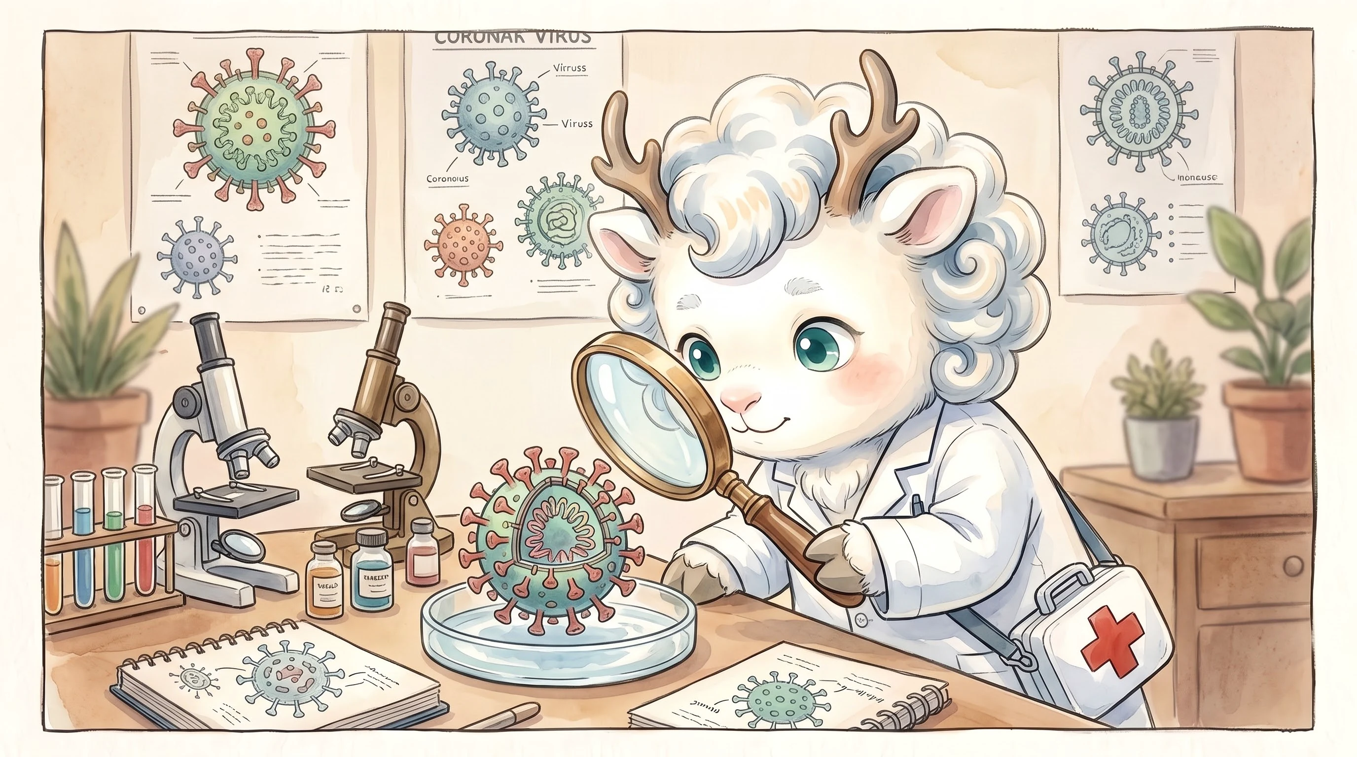 ByeGerm mascot examining respiratory pathogens in a laboratory