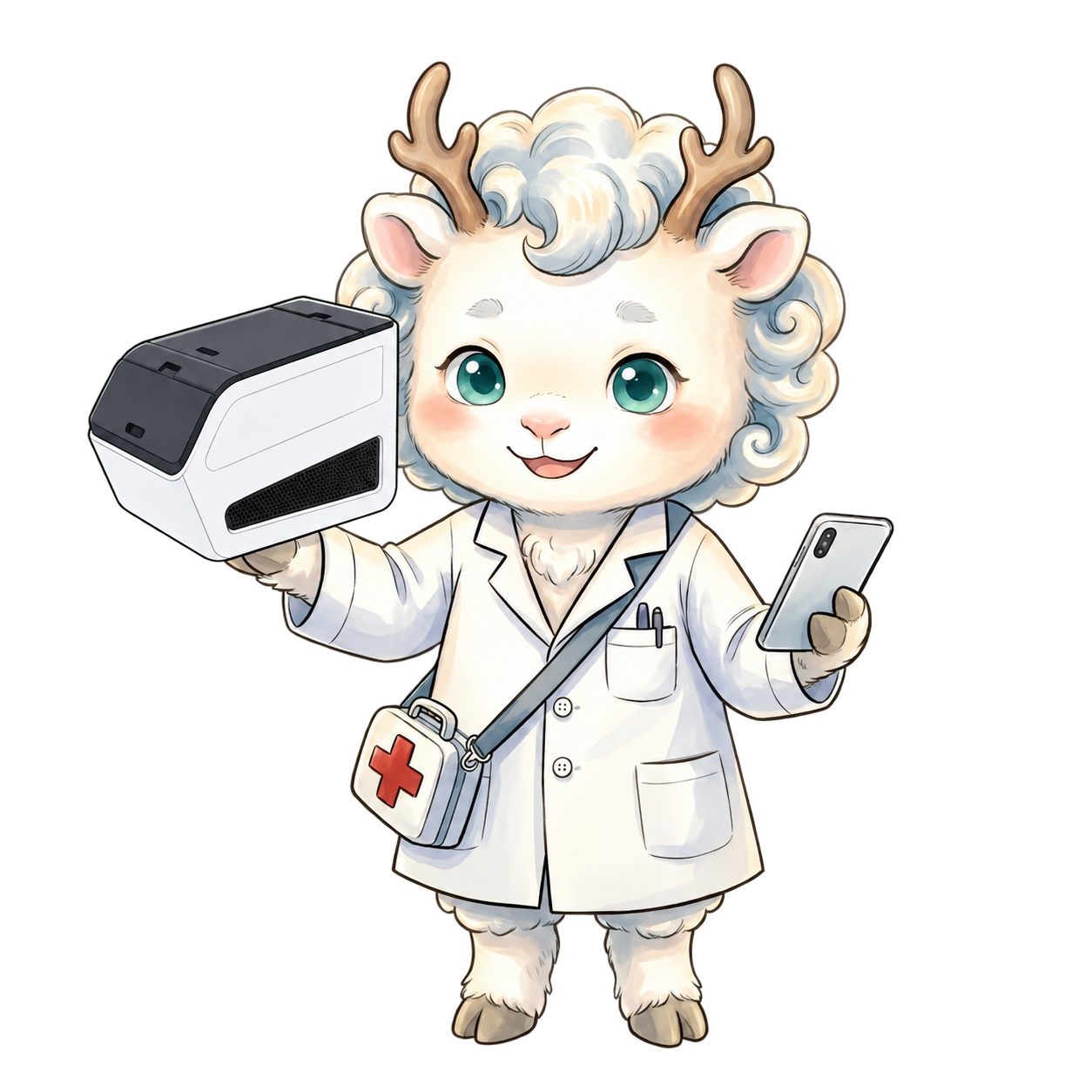 ByeGerm mascot holding the detector and a phone
