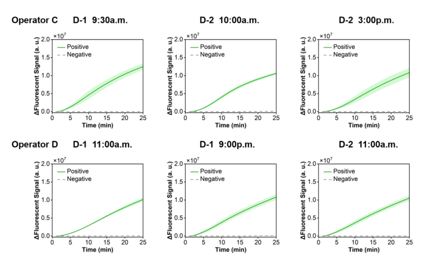 Figure 18 shows the fluorescence curves used to evaluate the repeatability of the RPA-CRISPR system for the simulated plasmid carrying the hMPV-B N gene.