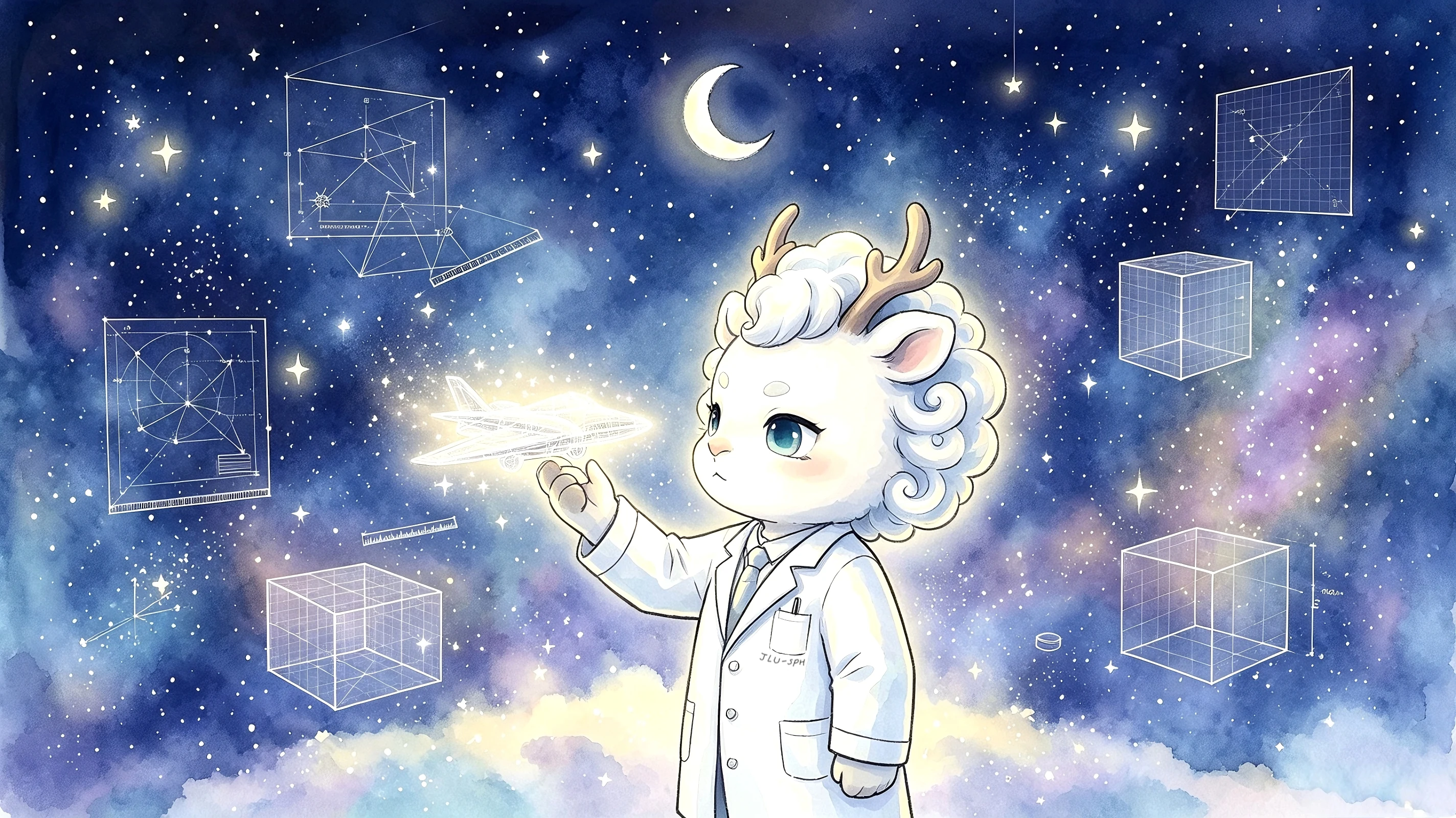 ByeGerm mascot exploring mathematical models under a starry sky
