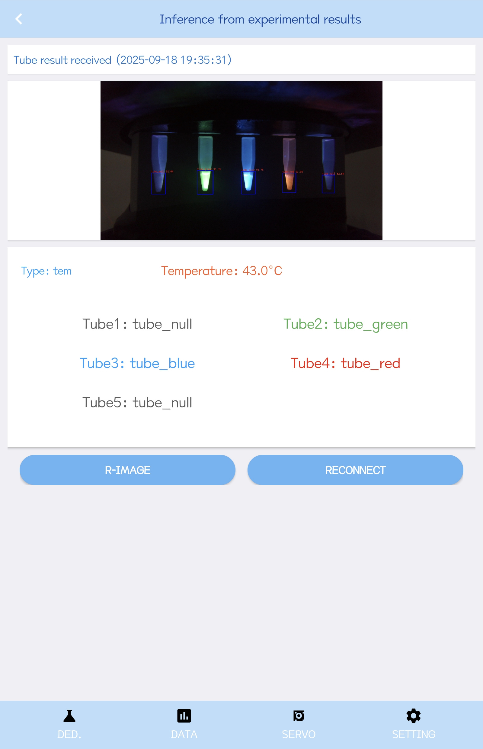 Supplied second-generation result screen with five tube labels and an image of five tubes
