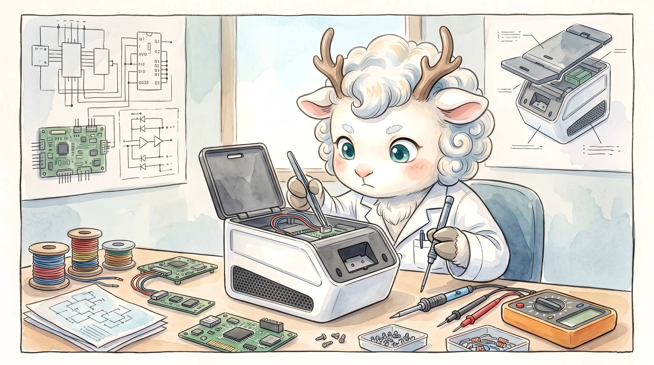 ByeGerm mascot assembling the diagnostic instrument hardware