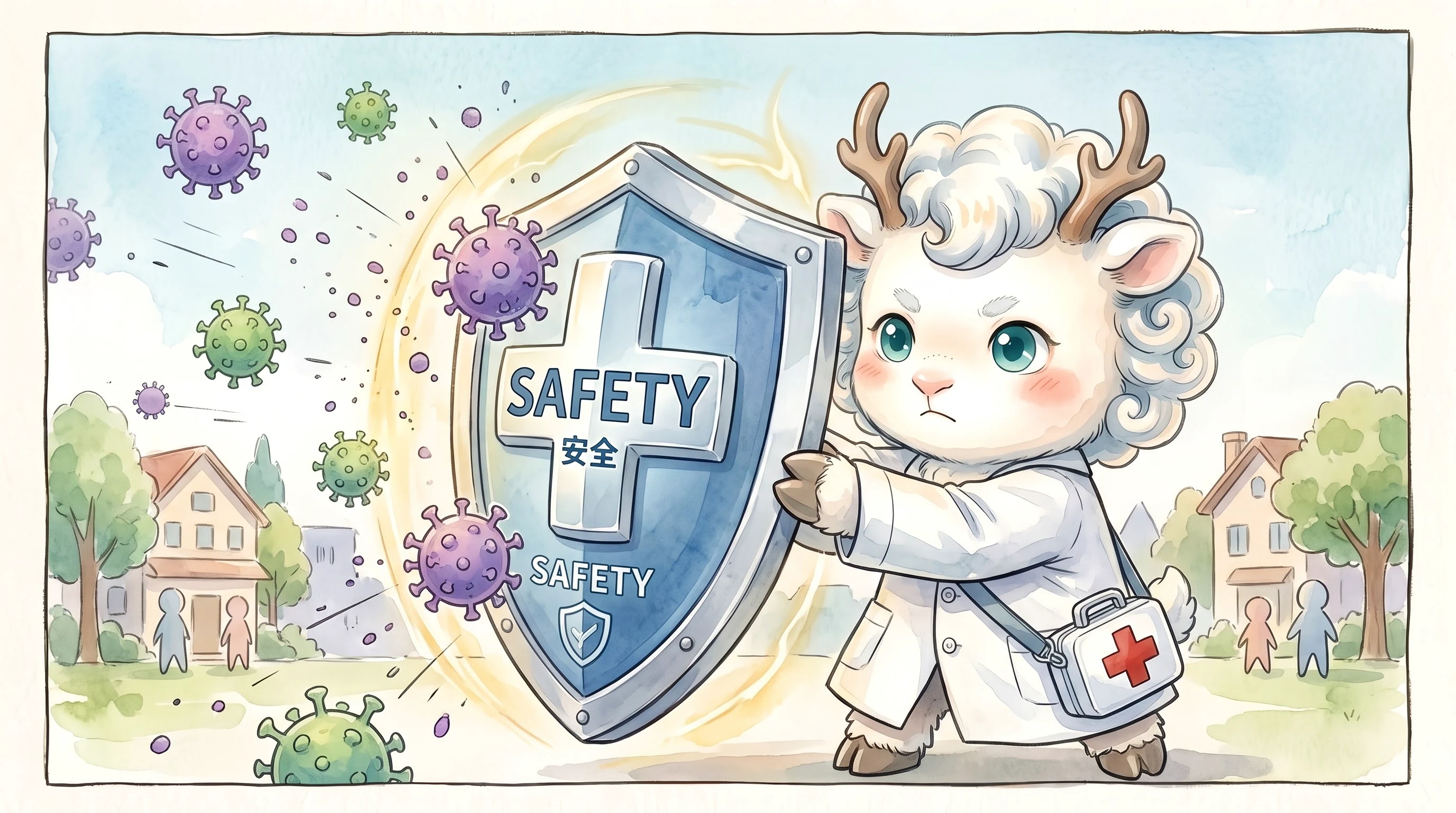 ByeGerm mascot shielding a community from pathogens