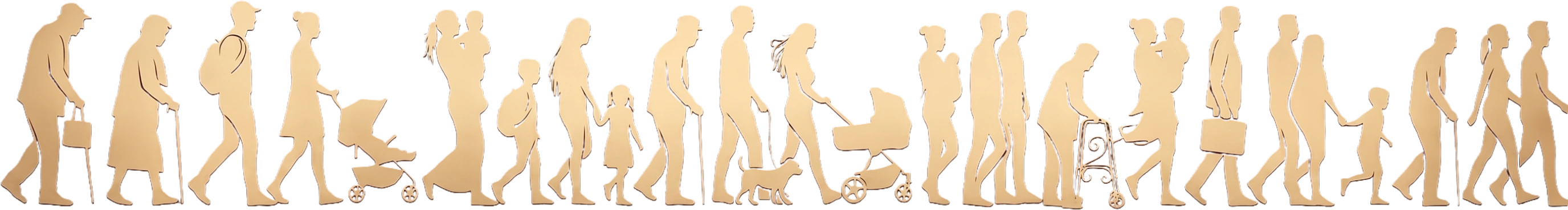 A procession of people of all ages, with strollers, wheelchairs and companions