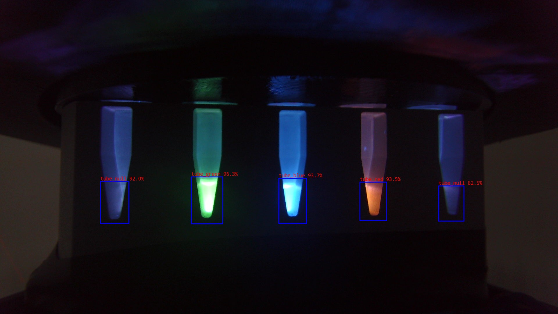 Supplied fluorescence photograph of five tubes with original ROI boxes and green, blue, red and null annotations