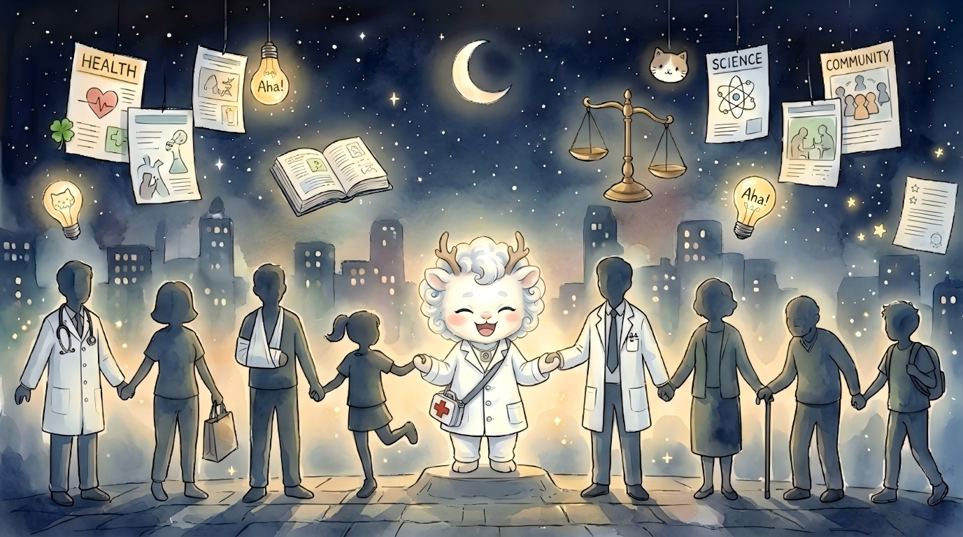 A community linked by health, science, and shared responsibility beneath a night sky