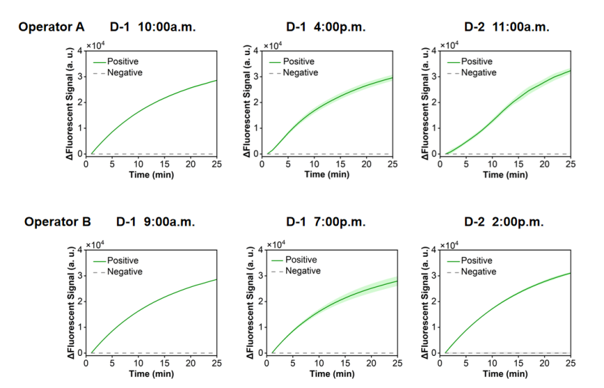 Figure 7 shows the fluorescence curves used to evaluate the repeatability of the RPA-CRISPR system for the simulated plasmid carrying the RSV N gene.