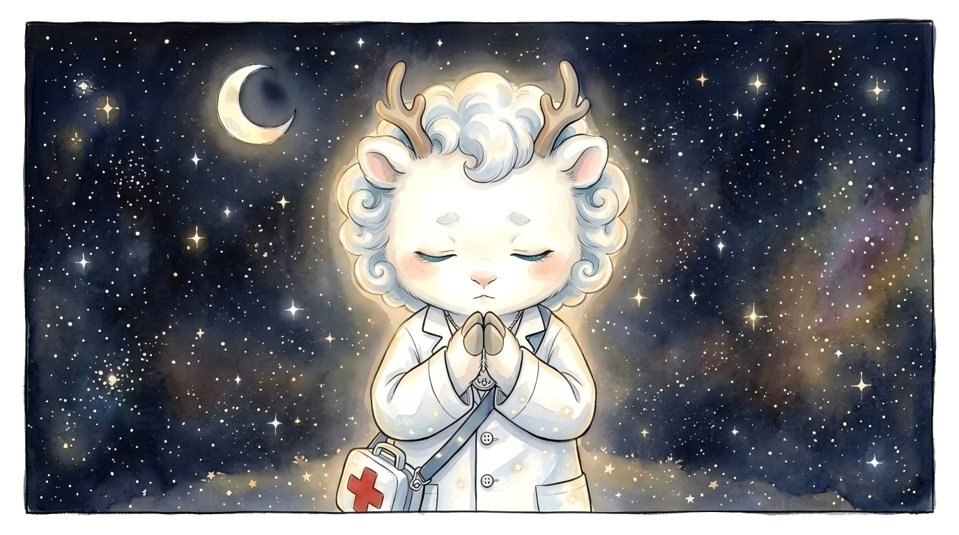 ByeGerm mascot reflecting on project design beneath a starry sky